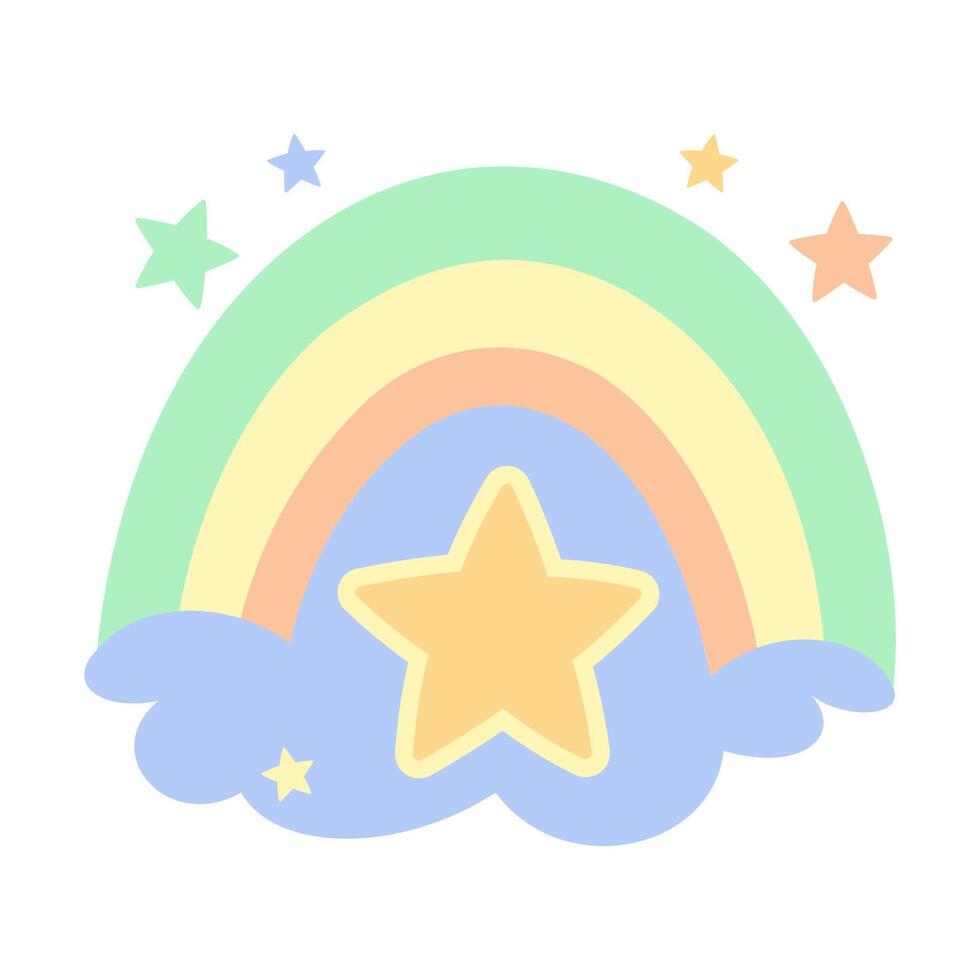 Funny Colorful Rainbow Star Childish Cartoon in the Sky vector