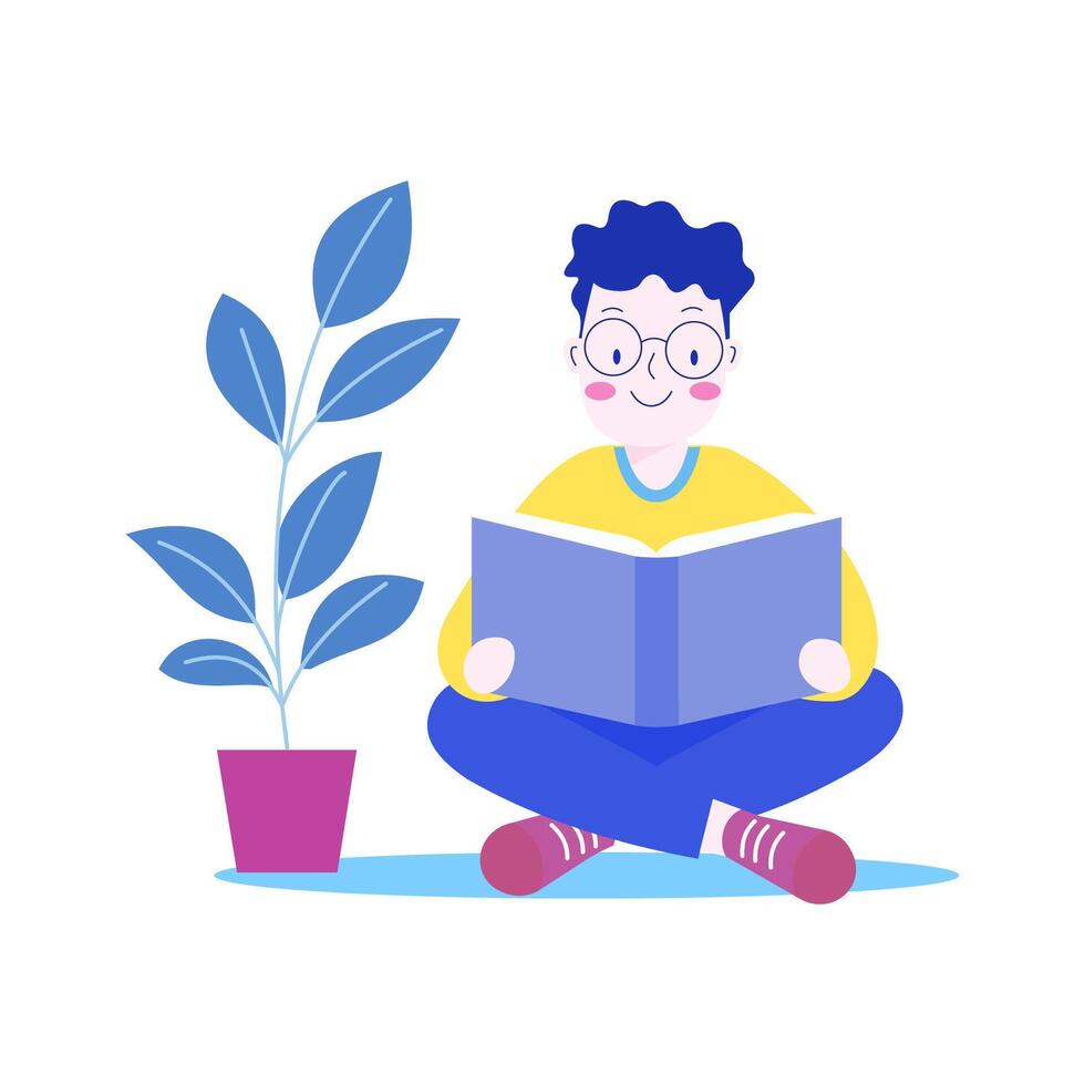 Cute Nerd Boy Cartoon Character Wearing Glasses Sitting While Reading a Book with Smile Expression vector