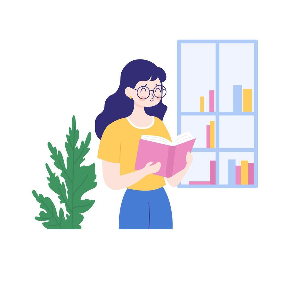 Pretty Young Girl Cartoon Character Wearing Glasses Standing While Reading a Book in the Library vector