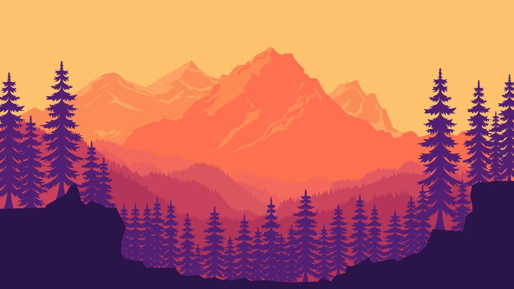 Mountain Nature View Adventure with Pine Trees Silhouette in the Forest at Sunset Sunrise vector
