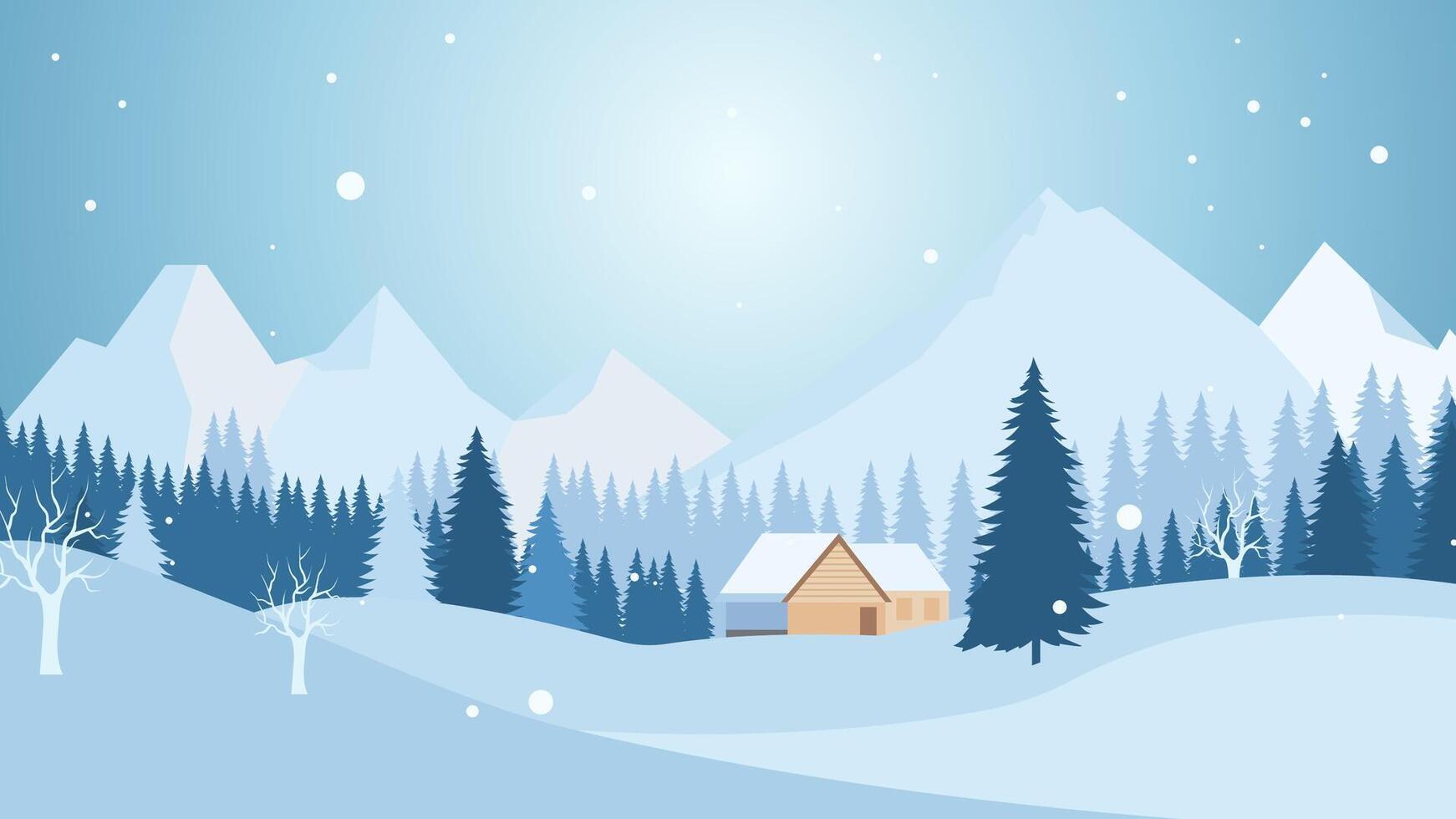 Home House in Forest with Winter Snow Mountain in Bright Sky vector