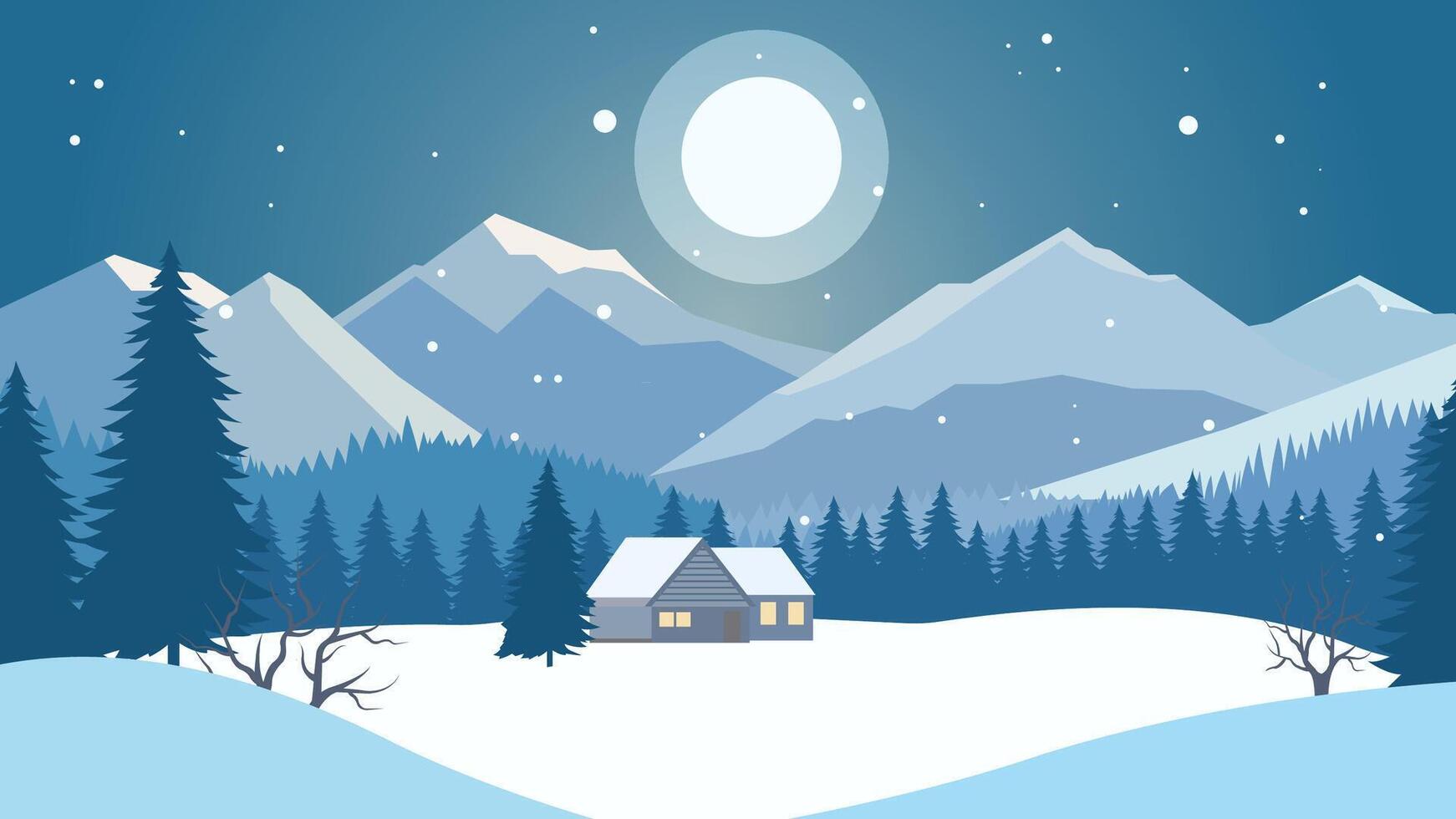Home House in the Middle of Forest with Winter Snow Mountain and Full Moon at Night Sky vector