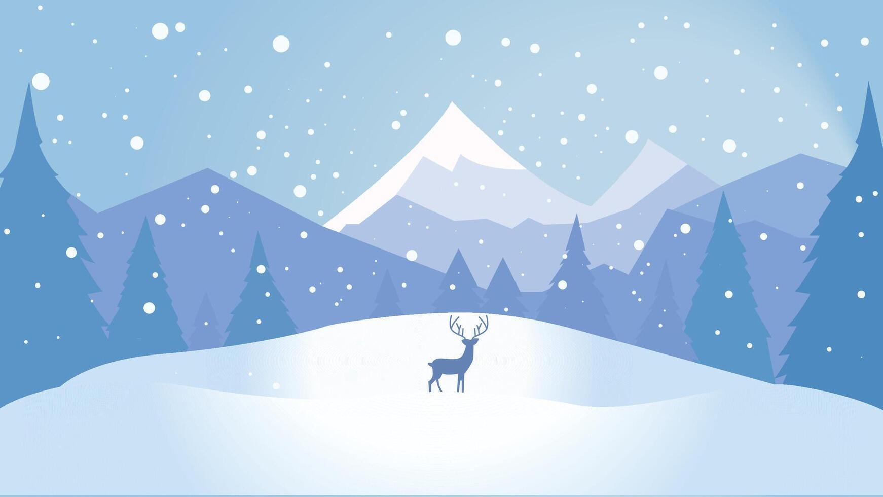 Deer Animal Silhouette in Pine Trees Forest with Ice Mountain View in Snow Winter Season vector