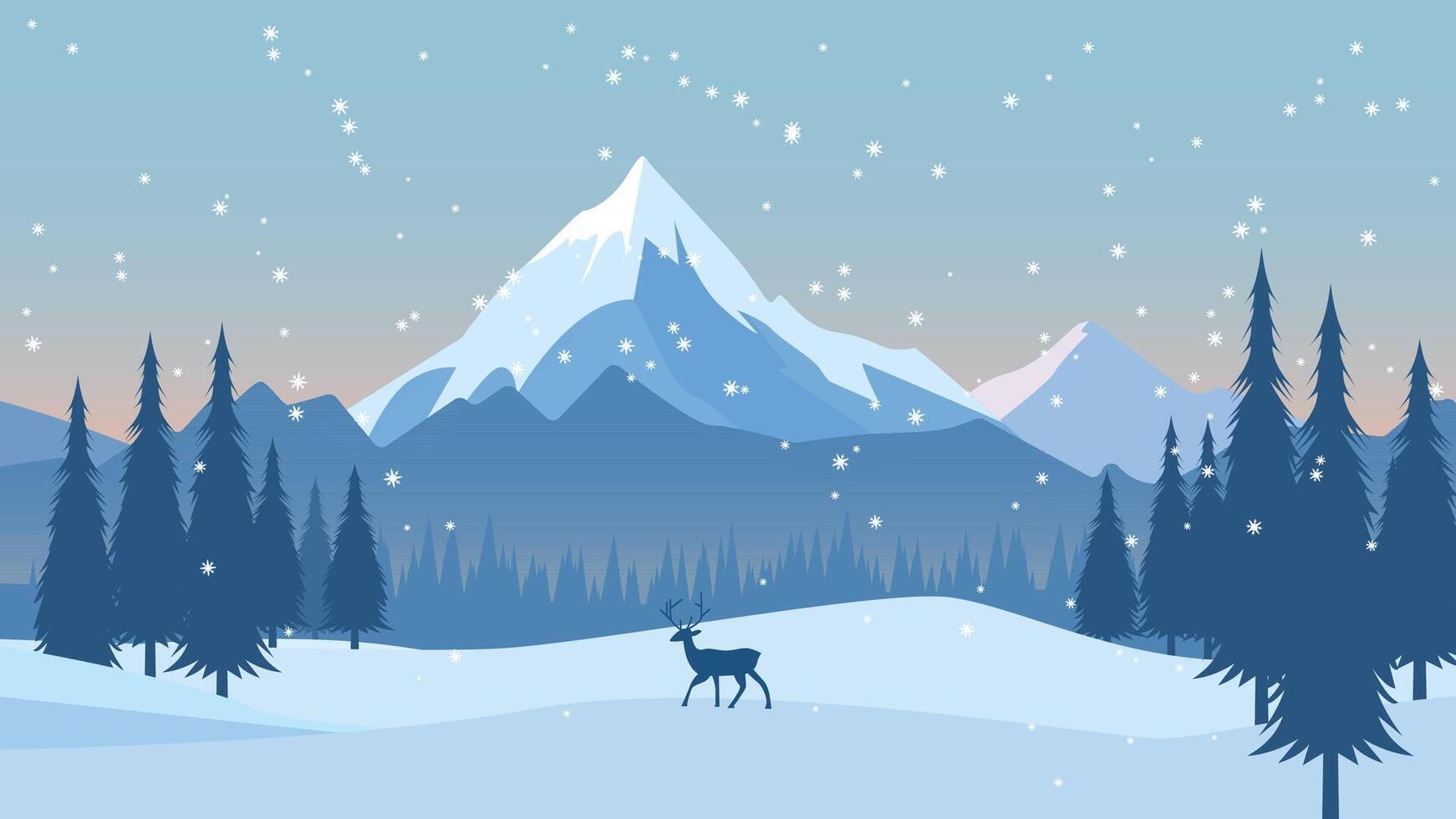 Deer Roe Animal Silhouette in Pine Trees Forest with Ice Mountain View in Snow Winter Season vector