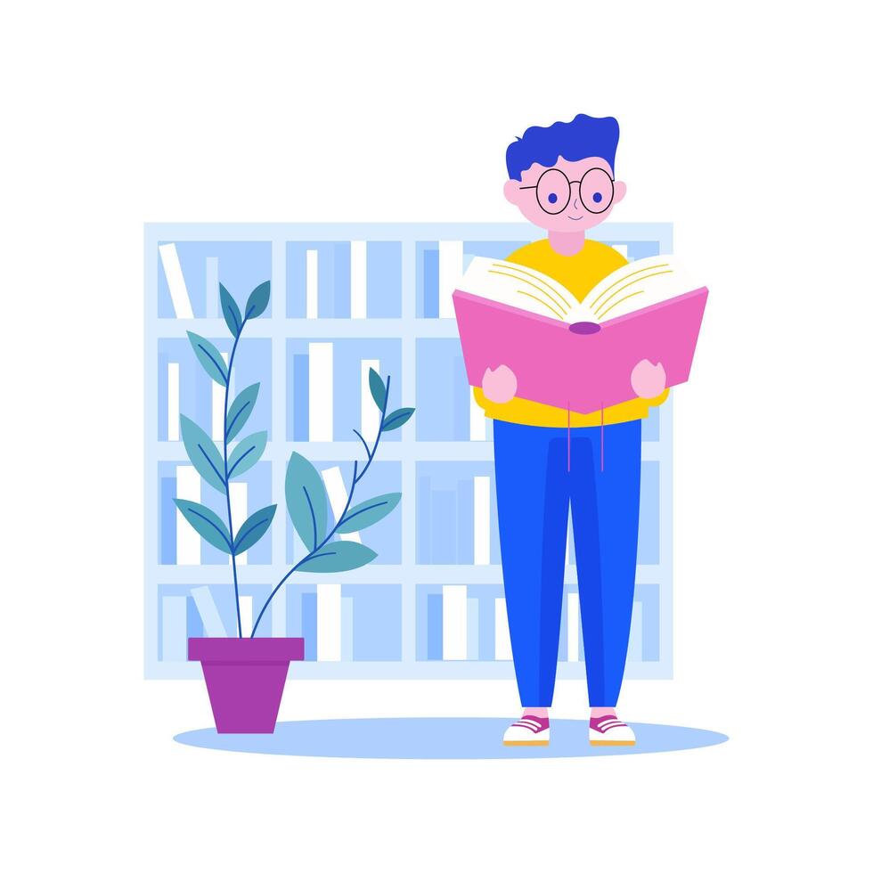 Cute Nerd Boy Wearing Glasses Standing Reading a Book in the Library with Smile Expression vector