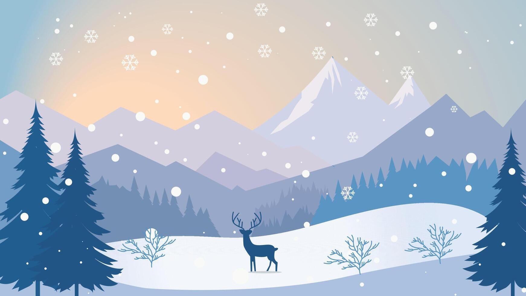 Deer Roe Animal Silhouette in Pine Trees Jungle with Ice Mountain View in Snow Winter Season at Sunset vector