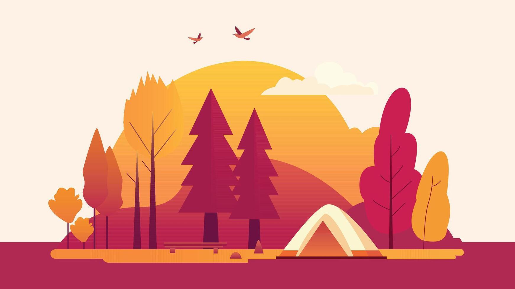 Camping Tent in Forest with Pine Trees and Big Sun in Autumn Fall Season vector