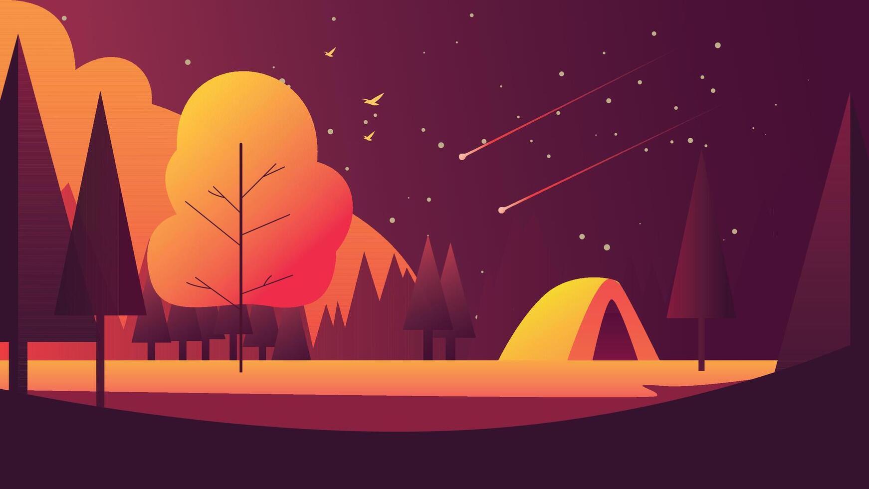 Camping Tent in Forest with Pine Trees in Autumn Fall Season at Night vector