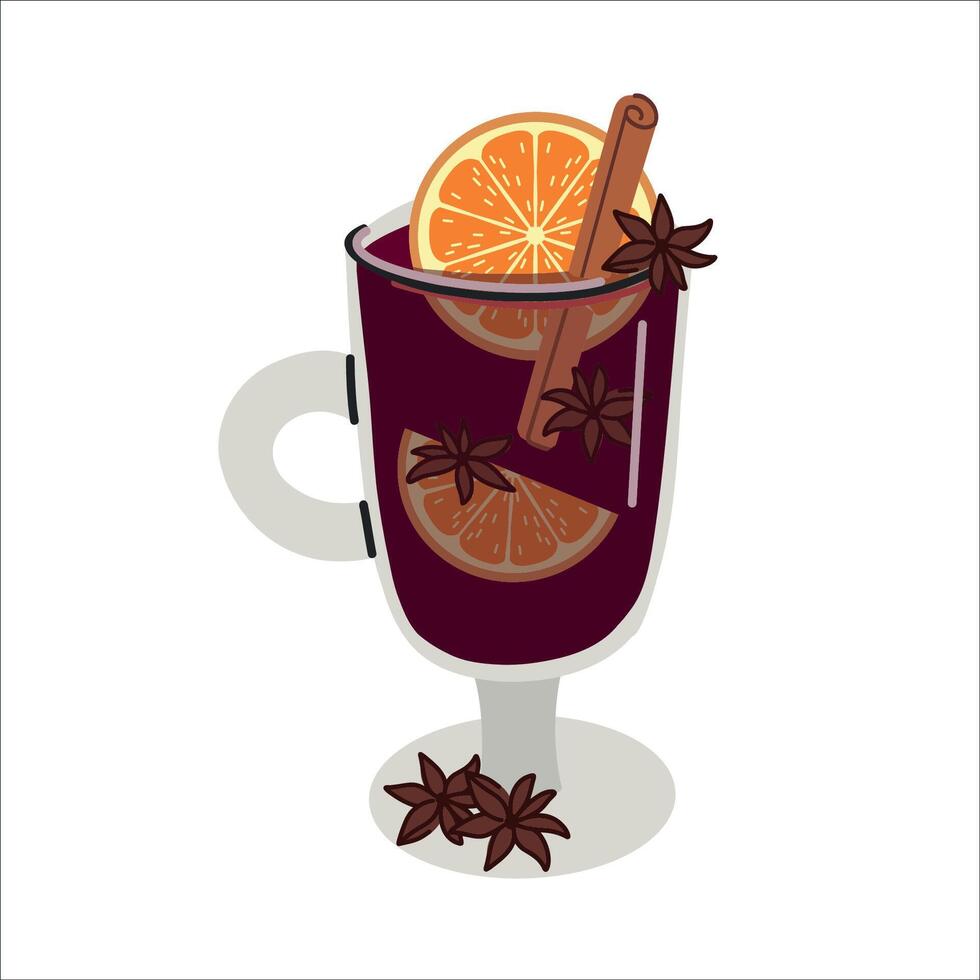 Mulled wine. Hot drink with oranges, cinnamon and star anise. Illustration in flat style. White isolated background. vector