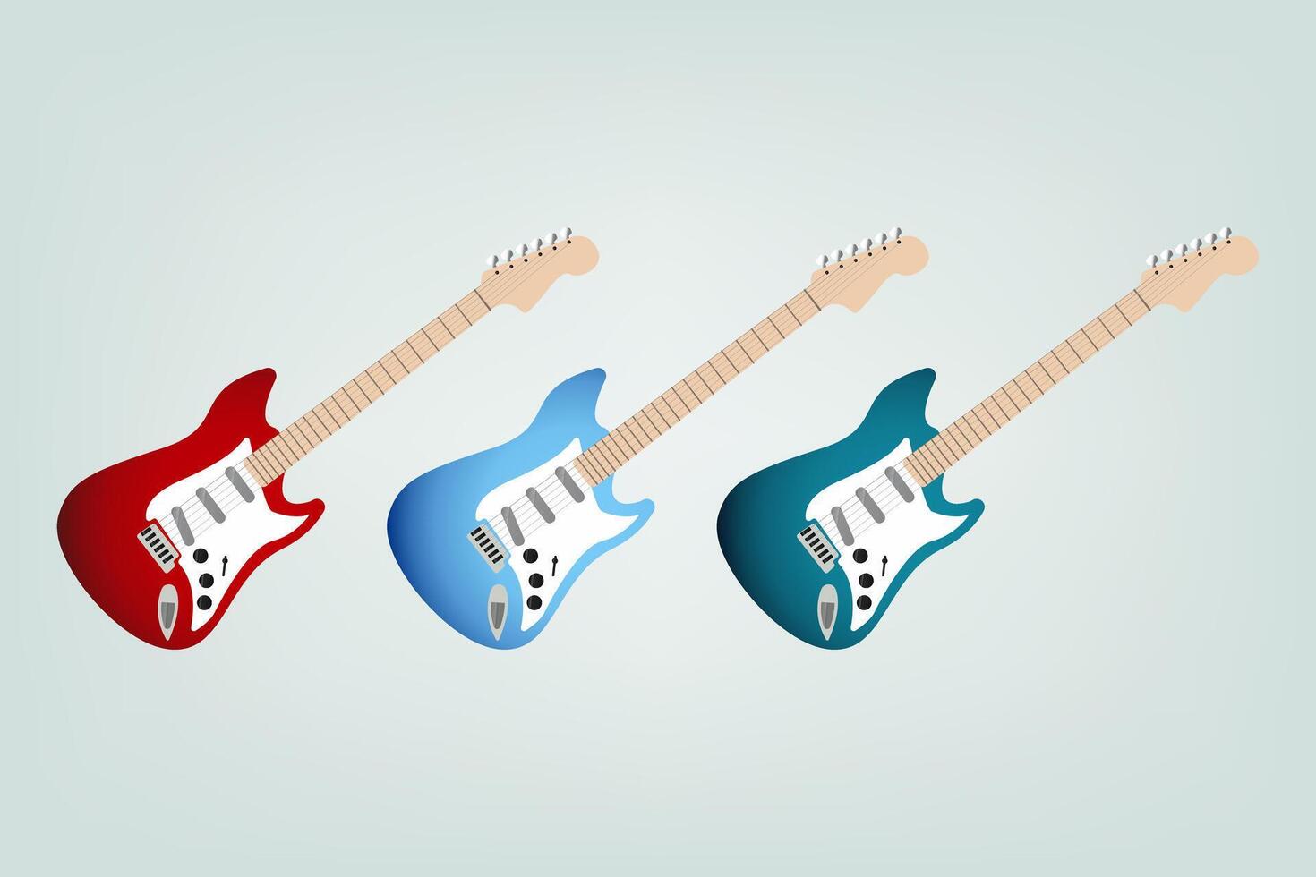 Set of three electrical guitars , illustration on isplated background in blue. three collection of rock metral guitars red icon on light blue background. vector