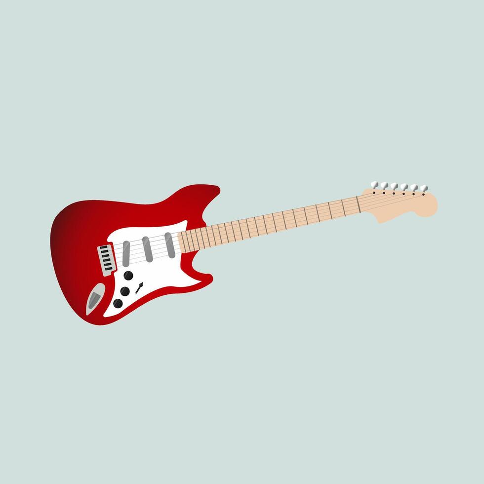 A red electrical guitar , illustration on isplated background in blue. A rock metral guitar red icon on light blue background. vector