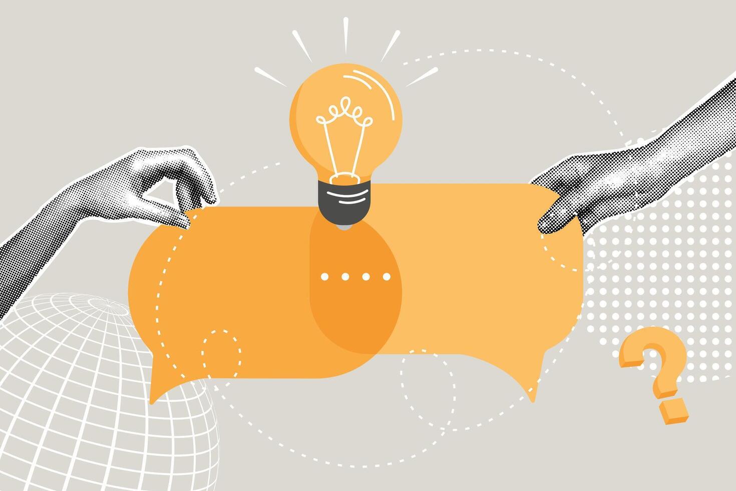 Fashionable halftone collage. Proposal concept,logical thinking, idea, information to make a decision, multiple opinions, advice to consider. Correctly made decision based on several opinions vector