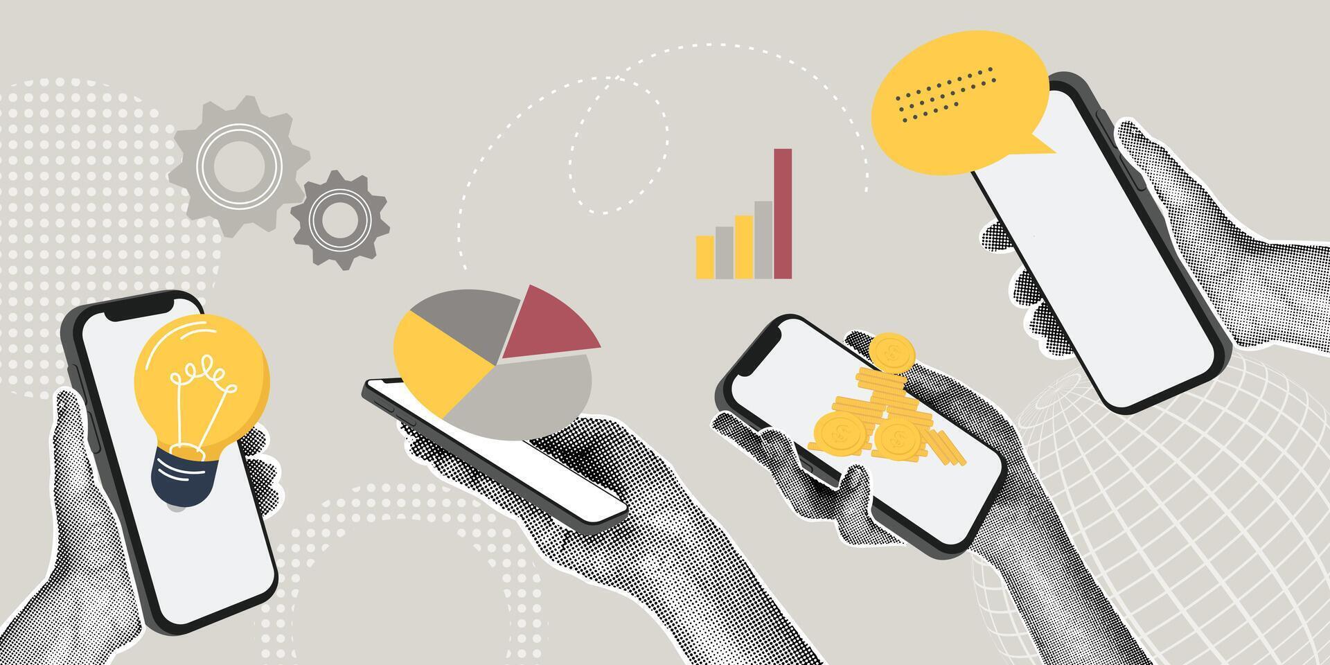 Modern halftone collage. Concept of mobile apps, teamwork, sales growth, business growth, production growth,analytics. Business creative illustration for web banner, marketing material, business vector