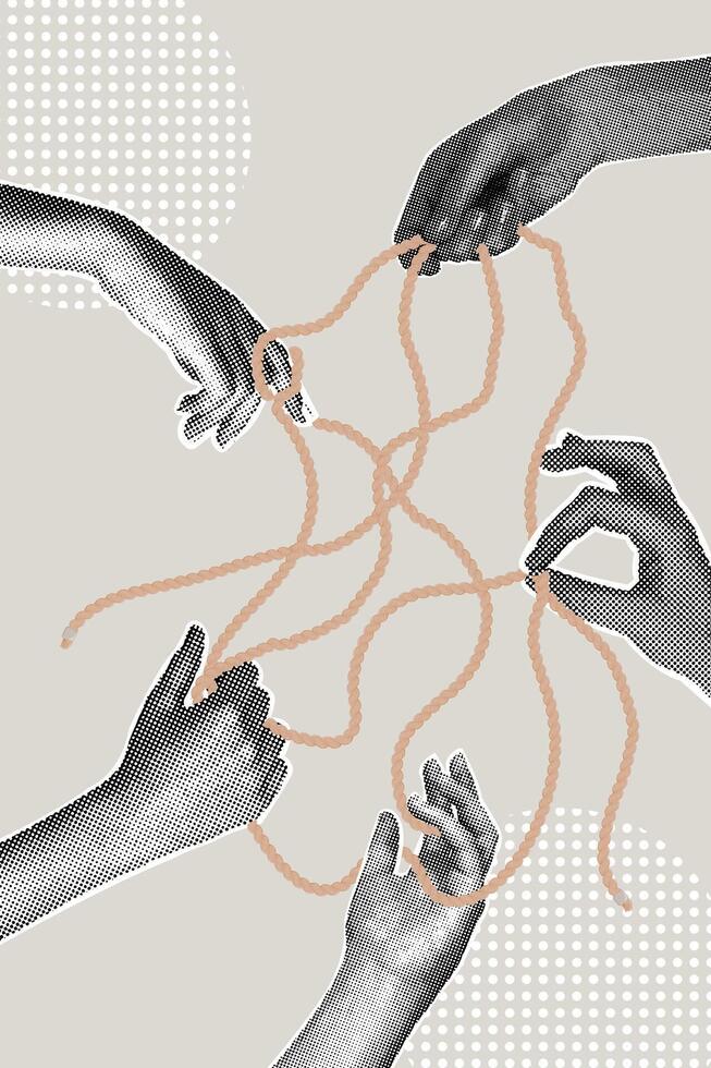 Modern halftone collage. Human hands connected by rope, retro collage from the 80s. Concept of teamwork,success,support,cooperation. vector