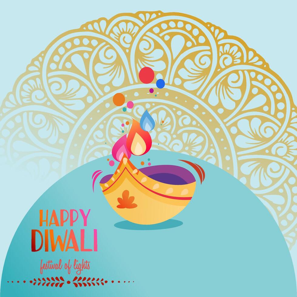 happy diwali card with ornament background and diya lamp vector