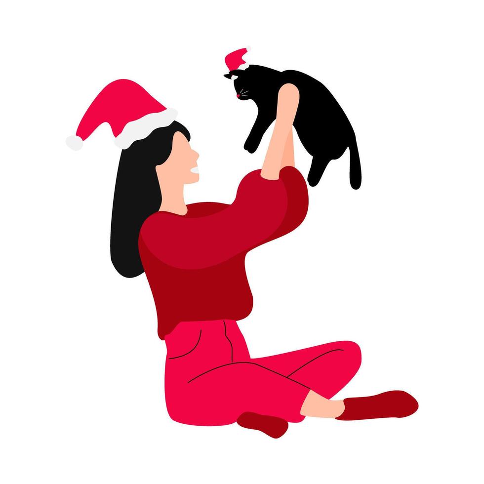 Woman Playing with Cat at Christmas vector