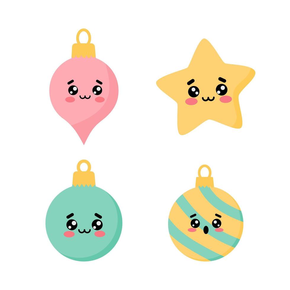 Cute Christmas Ornaments with Faces Set vector
