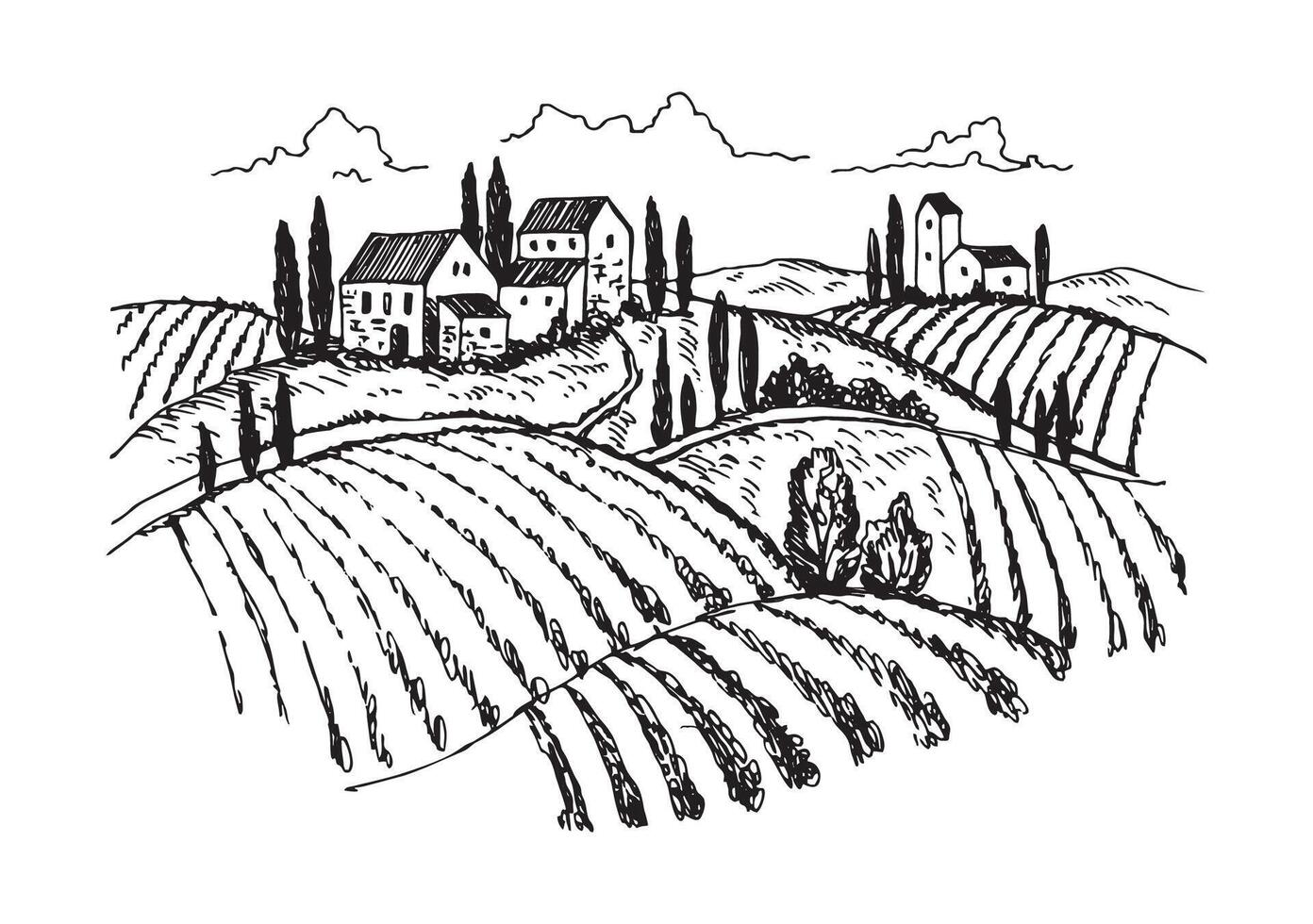houses and fields ink drawing vector