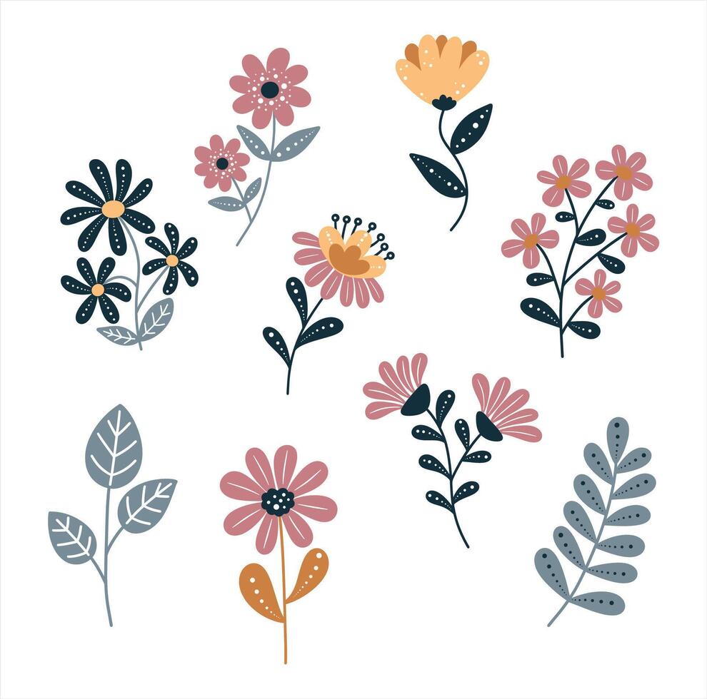set of colorful flowers doodle vector
