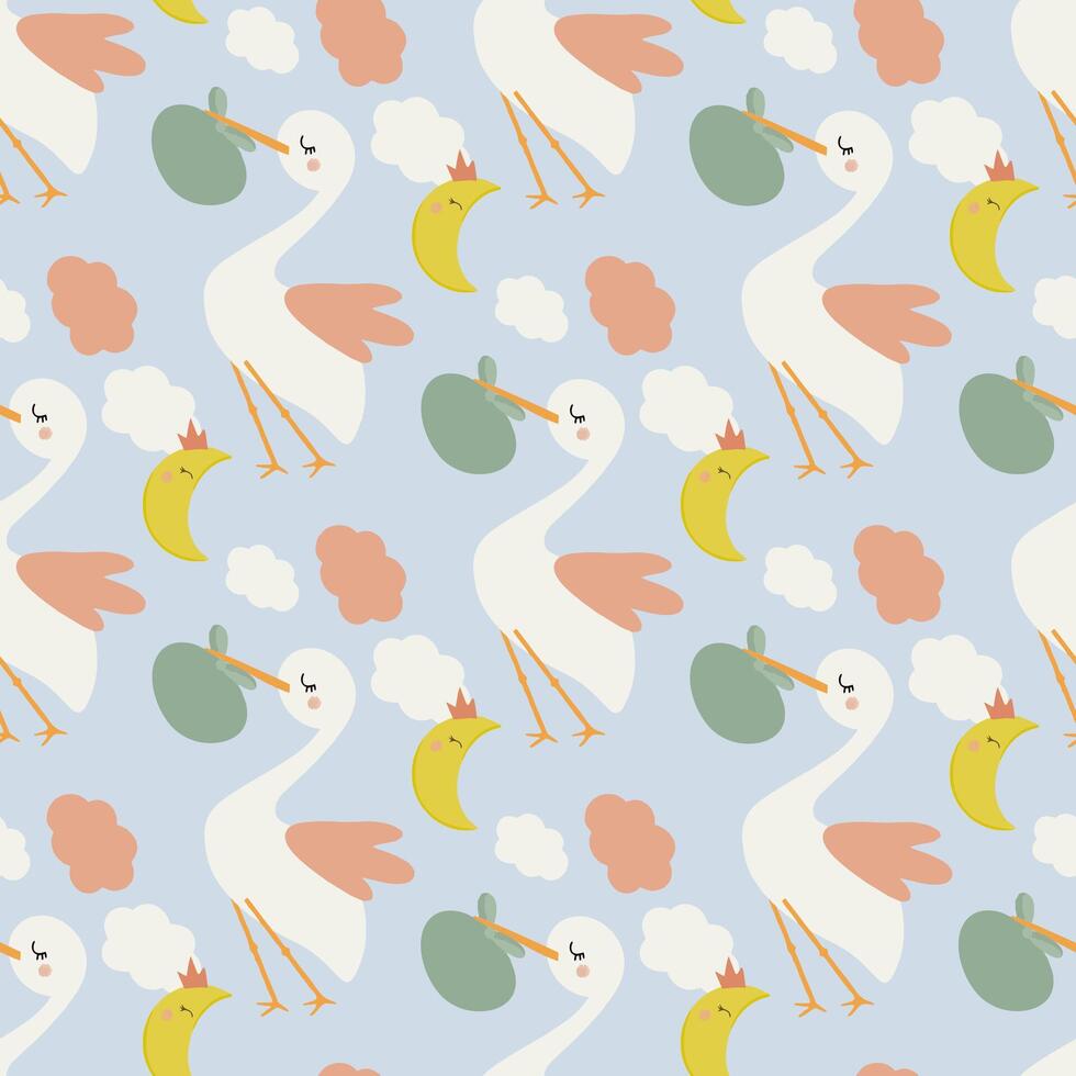 cute stork seamless pattern for baby boy vector