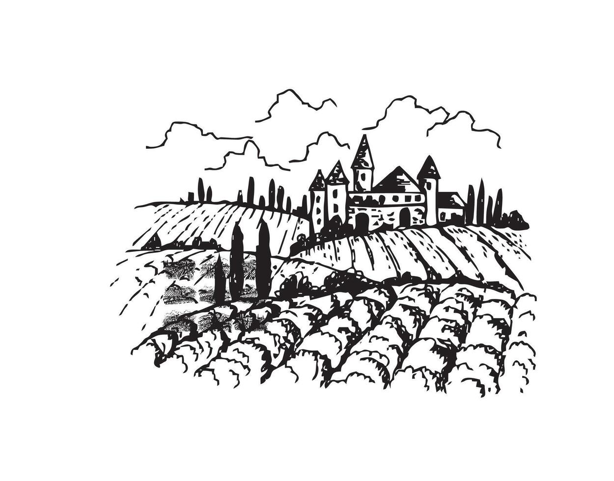 ink drawing of a field and a castle vector