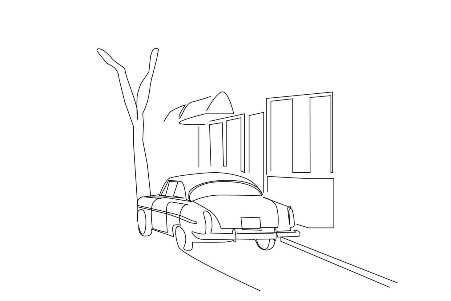 old luxury retro car street stores modern city line art simple design vector