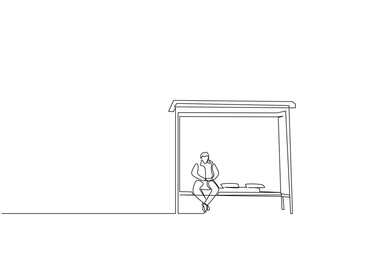 man bus stop waiting thoughtful sad loneliness lonely life one line art design vector