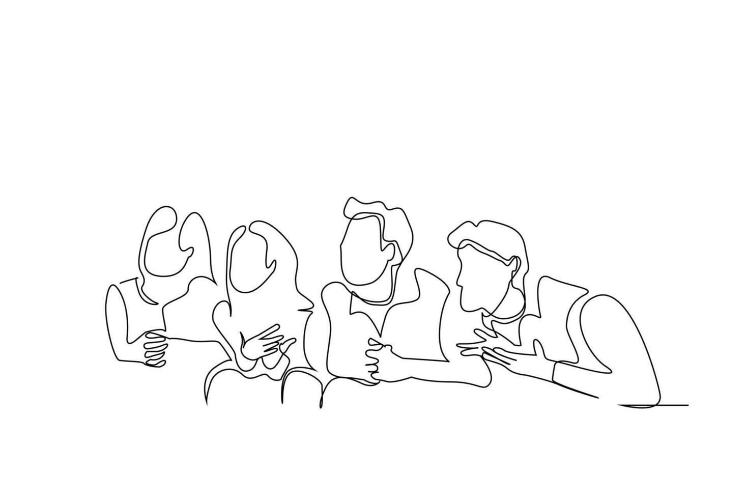 excited people waiting for the result friends at home happy nervous moments one line art design vector