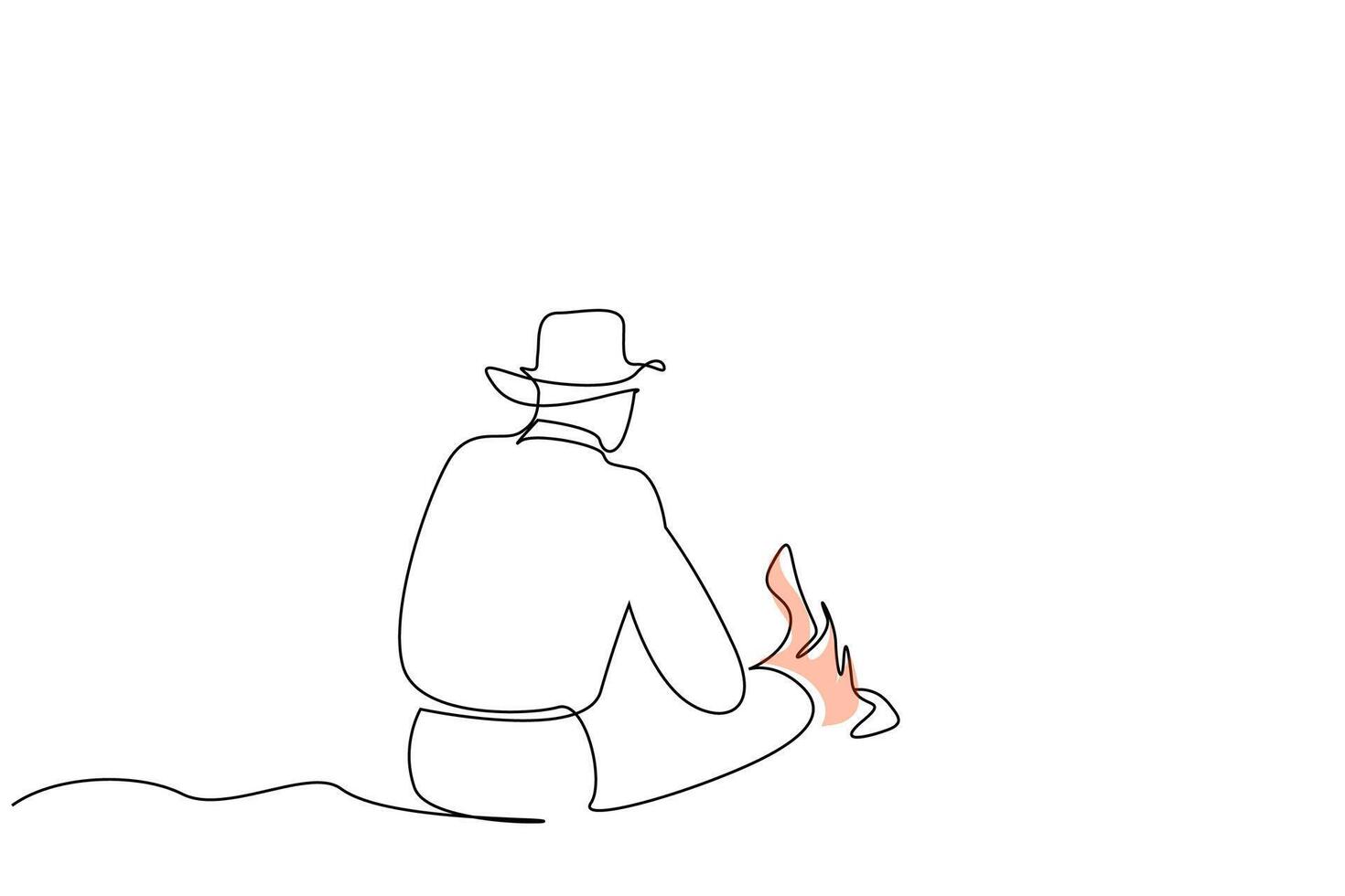 cowboy man hat nature calm rest campfire wild life one line art design vector