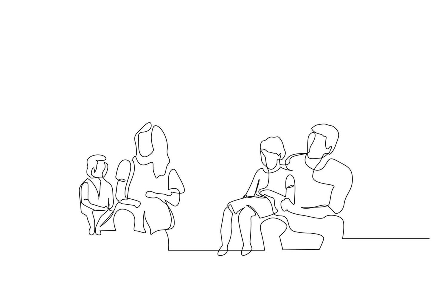 family children mother father having fun together at home playing games relax ttime one line art design vector