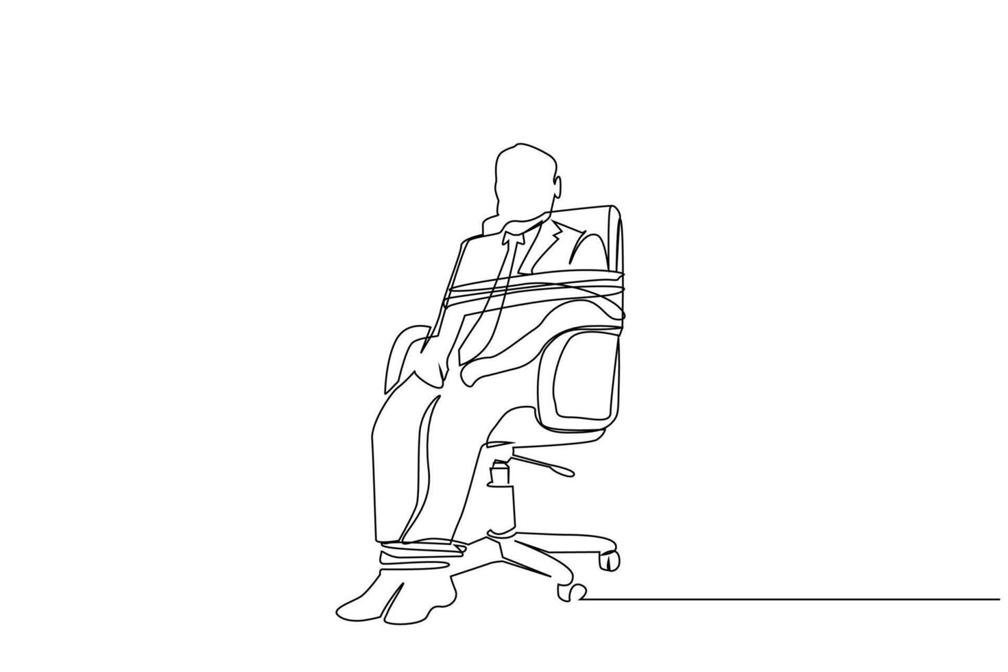 businessman tied to rope stress trap sitting on chair one line art design vector
