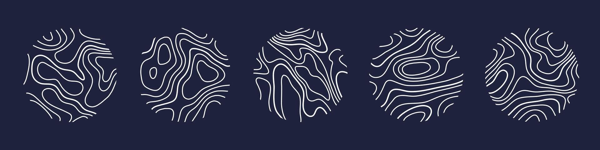 Circular wood rings or topographic map lines texture set. Wood tree topographic abstract lines. vector