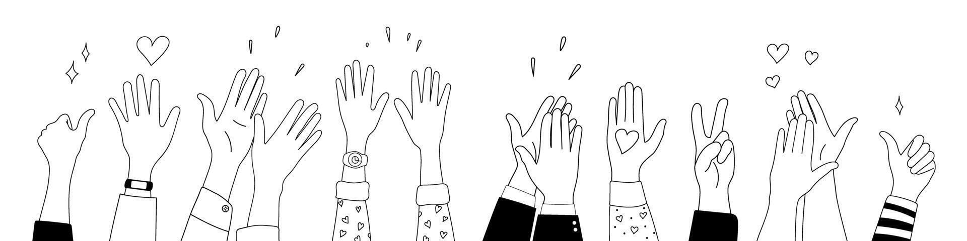 Doodle sketch hands up gestures comic icons silhouettes set. Group of line art fun comic hands in the air. vector
