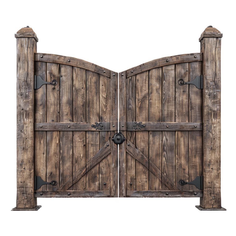 A wooden gate with two doors and old brown color gate png