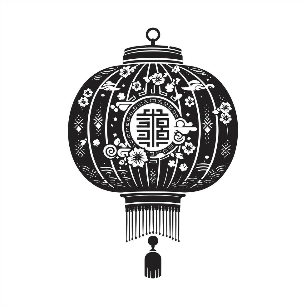 Traditional Chinese Lantern Black and White Japan Lantern Lunar New Year Paper Lamp Silhouette with text in Chinese Meaning 'Fortune' vector