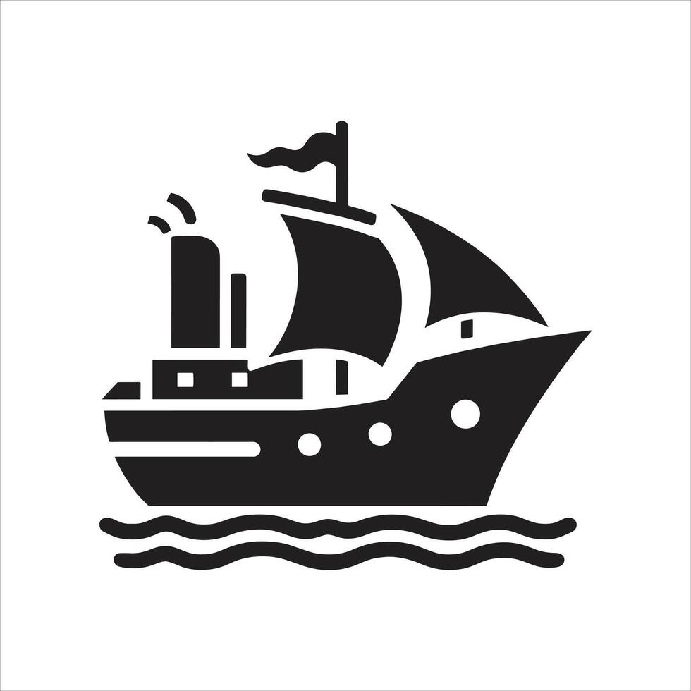 Black and White Illustration of Pirate Ship Silhouette with Ocean Sails Skull and Crossbones Flags vector