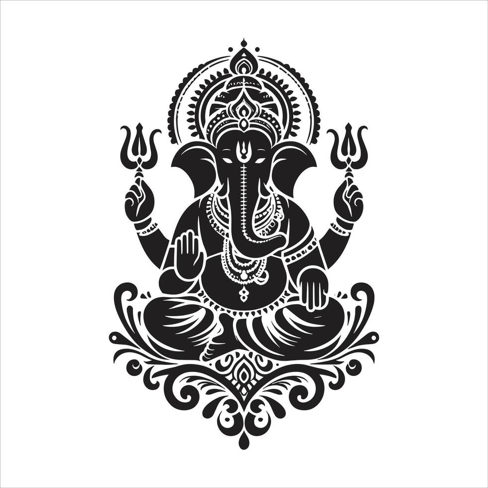 Black and White Silhouette Art of Hindu God Lord Ganesha Happy Ganesh Chaturthi Vinayaka Chavithi Special Free Illustration Design vector