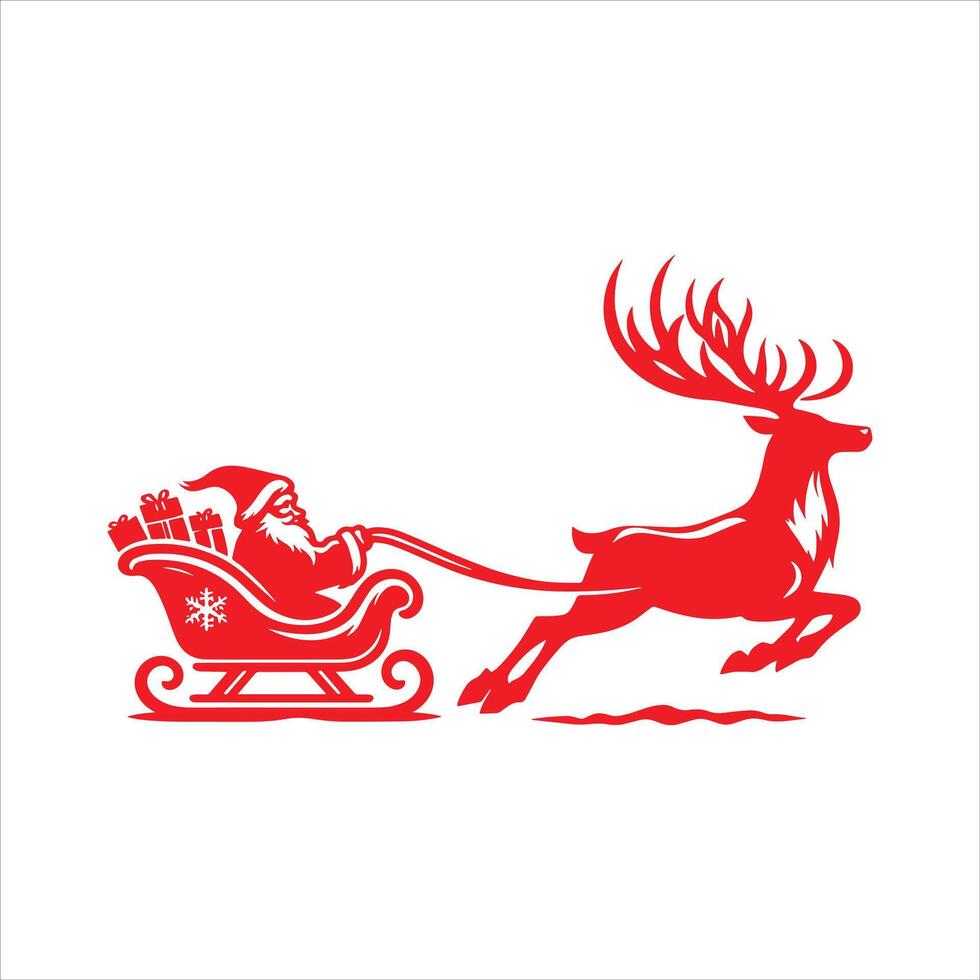 Santa Claus with Reindeer Flying Sleigh Full of Gifts Merry Christmas Red Silhouette vector