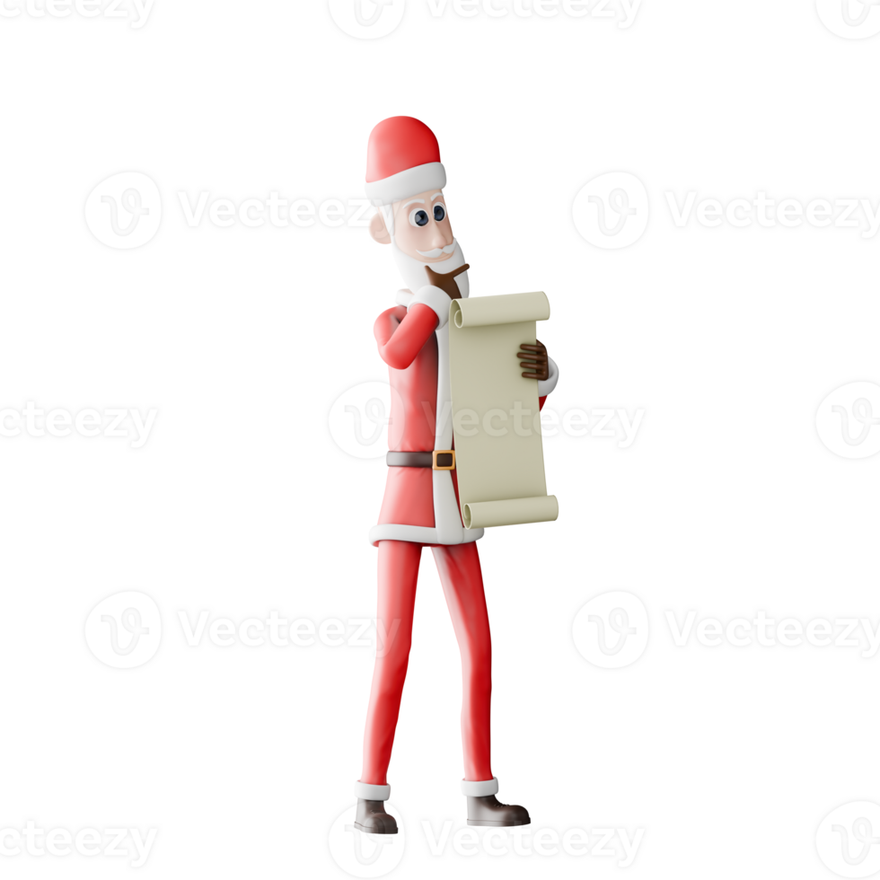 Santa Claus 3D Christmas Illustration. A tall Santa Claus stands with both hands holding a long paper containing a list. Festive Cartoon Model png