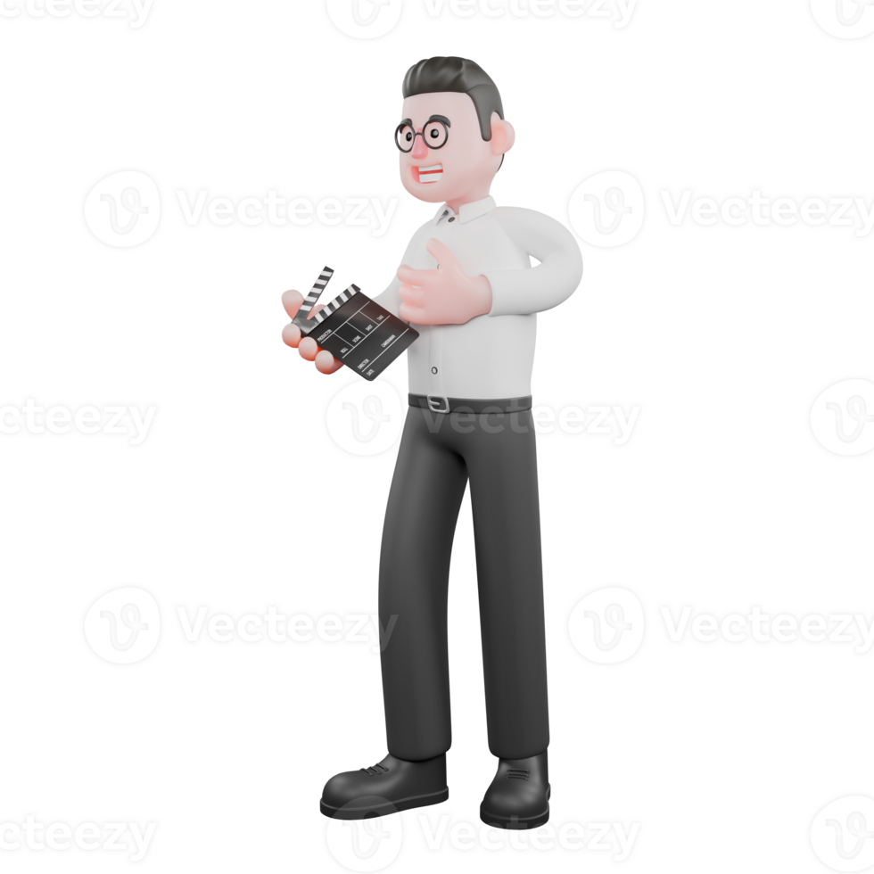 Animated 3D Cartoon. A male producer stands with one hand holding a clap cut board, the other hand on his chest. Cartoon 3D Model png