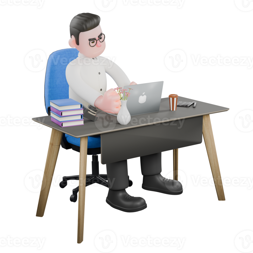 Cartoon Movie Director. A Male producer sits on a chair, with both hands typing on the keyboard, a focused expression. Cartoon 3D Model png