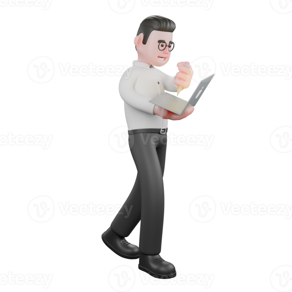 Creative 3D Model. A male producer walks with a laptop and pencil in both hands. Studio Style png
