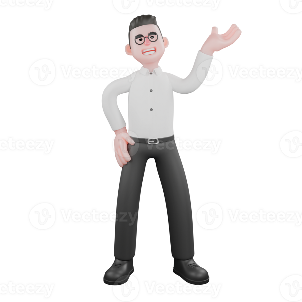 3D Filmmaker Producer. A male producer stands while looking up with his right hand on his waist and his left hand open. Cartoon 3D Model png
