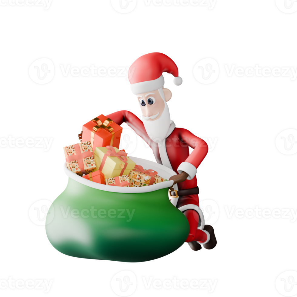 Santa Claus Holiday Design. A tall Santa Claus kneels behind a sack of presents with his right hand holding a present. Christmas 3D Cartoon png