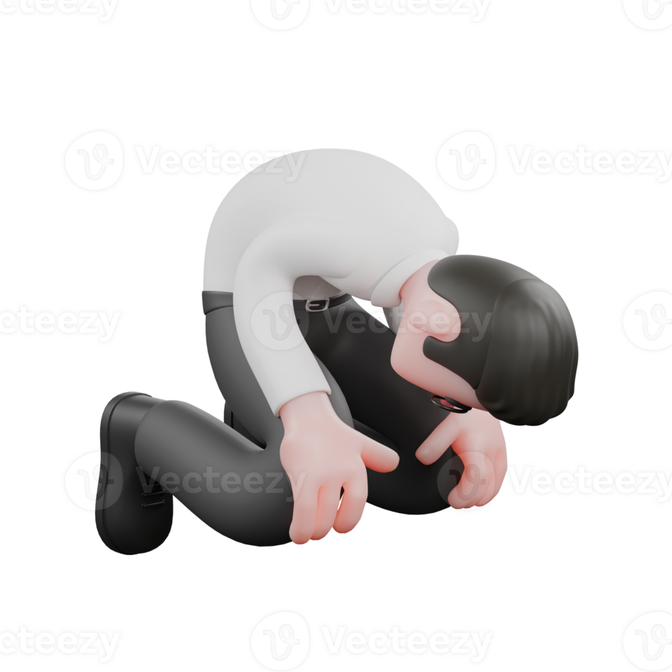 3D Cartoon Model. A male producer kneels on the floor with his head on his knees, both hands on his knees, expression full of sadness. Movie Style png
