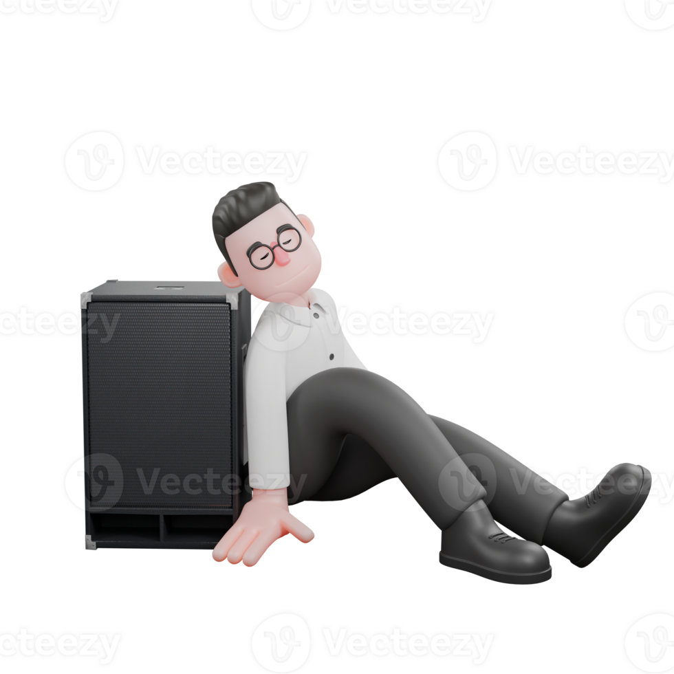 Movie Producer Cartoon. A male producer sits on the floor with his back leaning on the speaker, eyes closed. Animation png