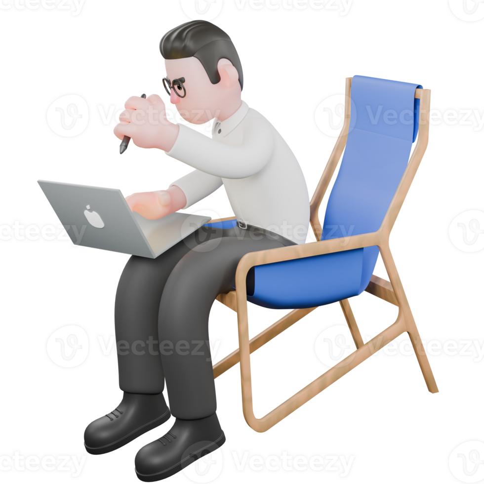Movie Producer Cartoon. A male producer sits holding a pen in his left hand, and holding a laptop in his right hand. Film Style png