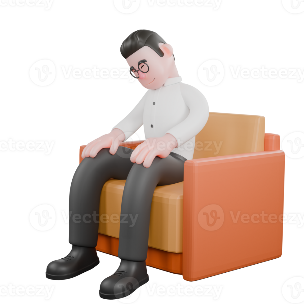 Cartoon Producer Model. A male producer sits on a sofa with his head bowed to the side, eyes closed, sleeping expression . Director Model png
