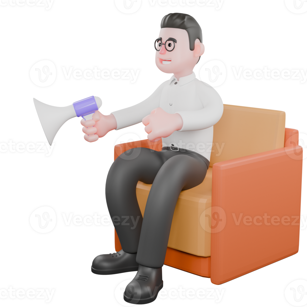 Creative 3D Model. A male producer sits on a sofa with one hand holding a loudspeaker and the other clenched. Professional Illustration png