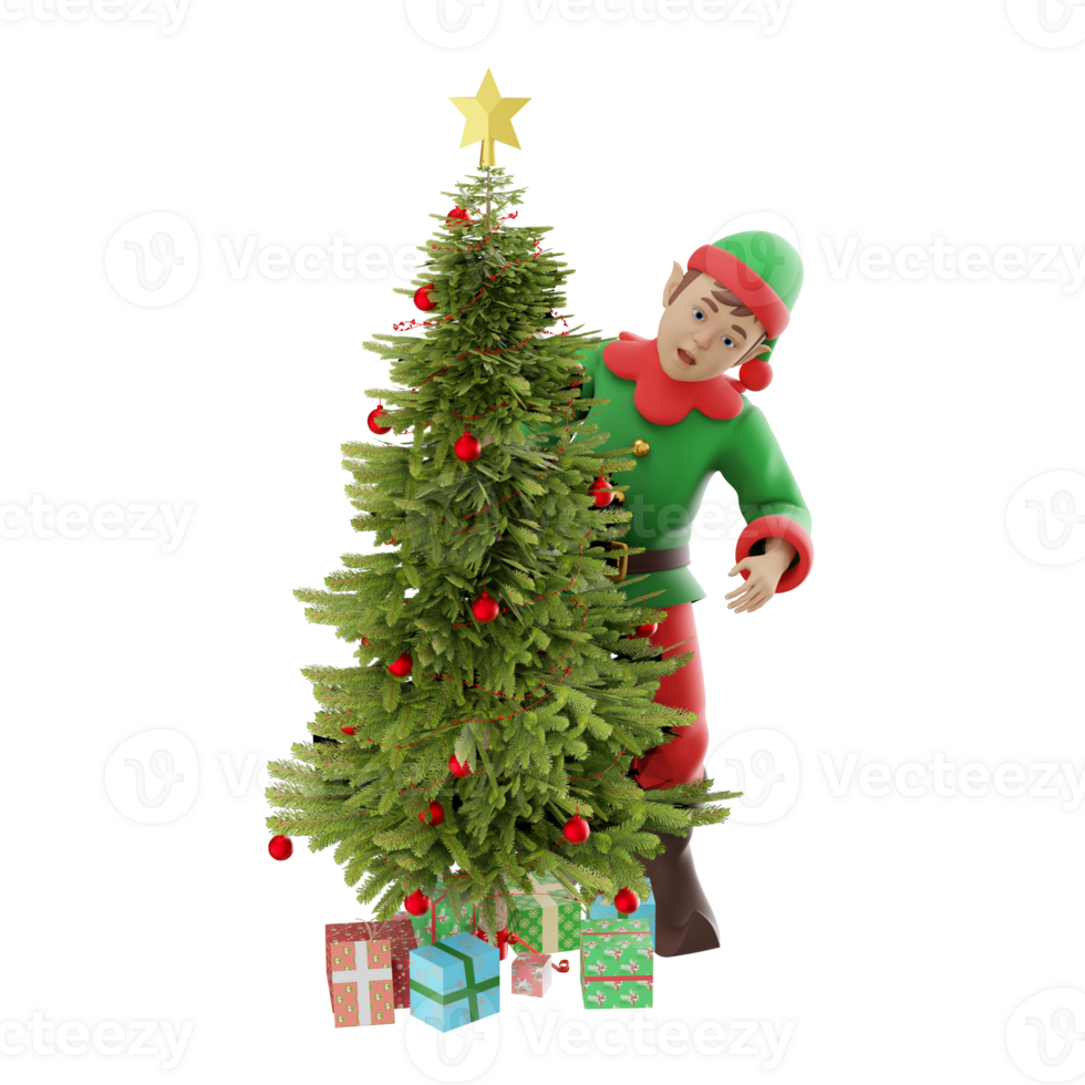 Christmas-Themed Kids Elf 3D Model. A Male Kids Elf stands behind the Christmas tree, with a smiling expression. Cartoon Character png